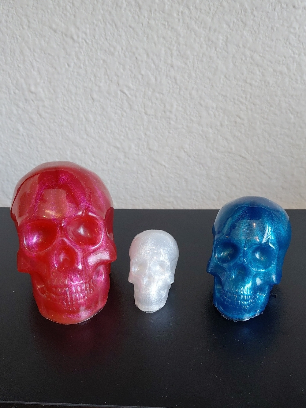 Hand Crafted Set of 3 Decorative  Skull Figurines - Red, White, Blue